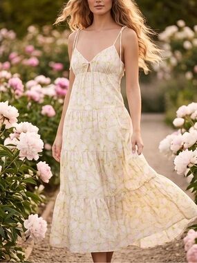 🏷️ NEW - Astr Light Yellow Floral Tie-Strap Tiered Maxi Dress with free shipping